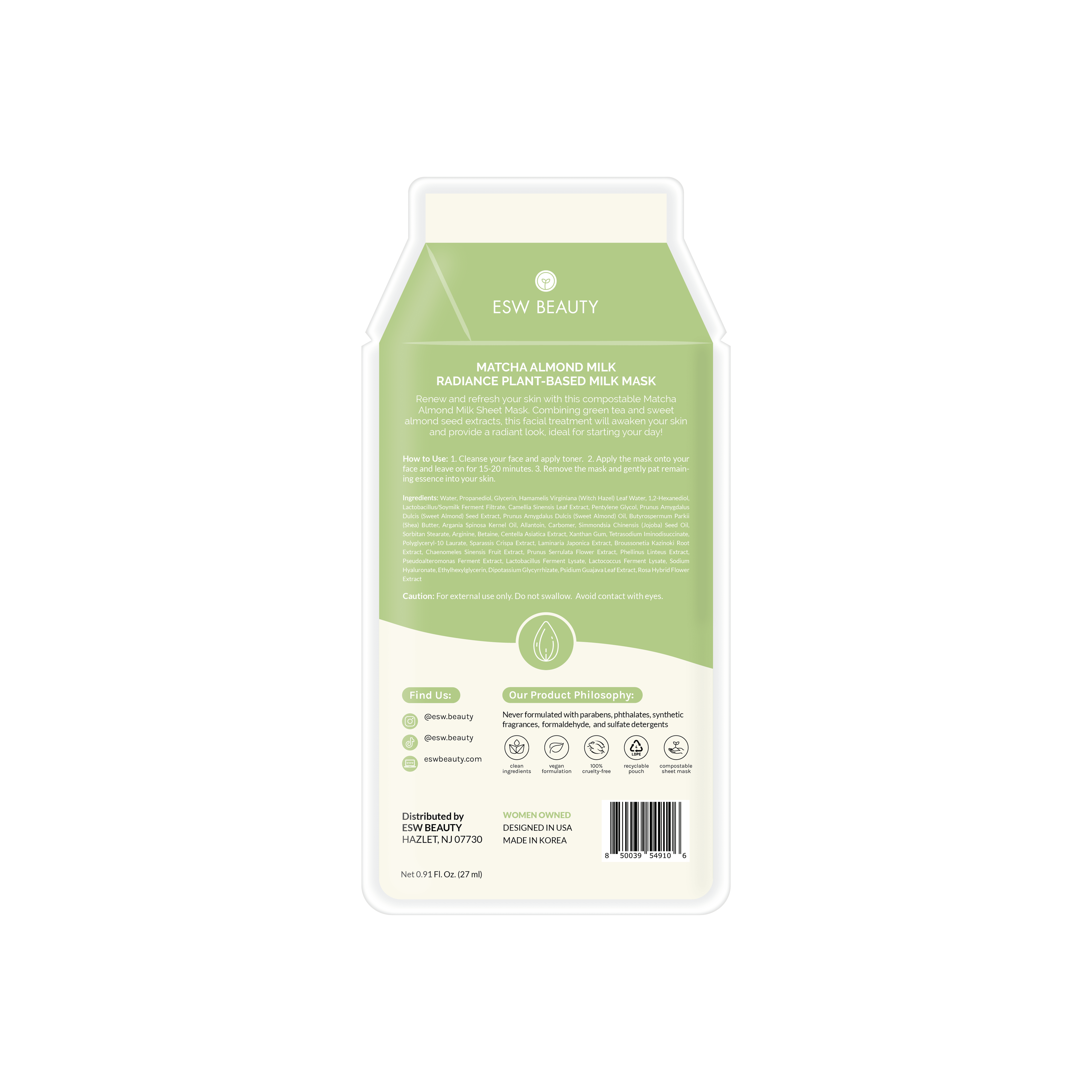 Matcha Almond Milk Radiance Plant-Based Milk Sheet Mask - Awear