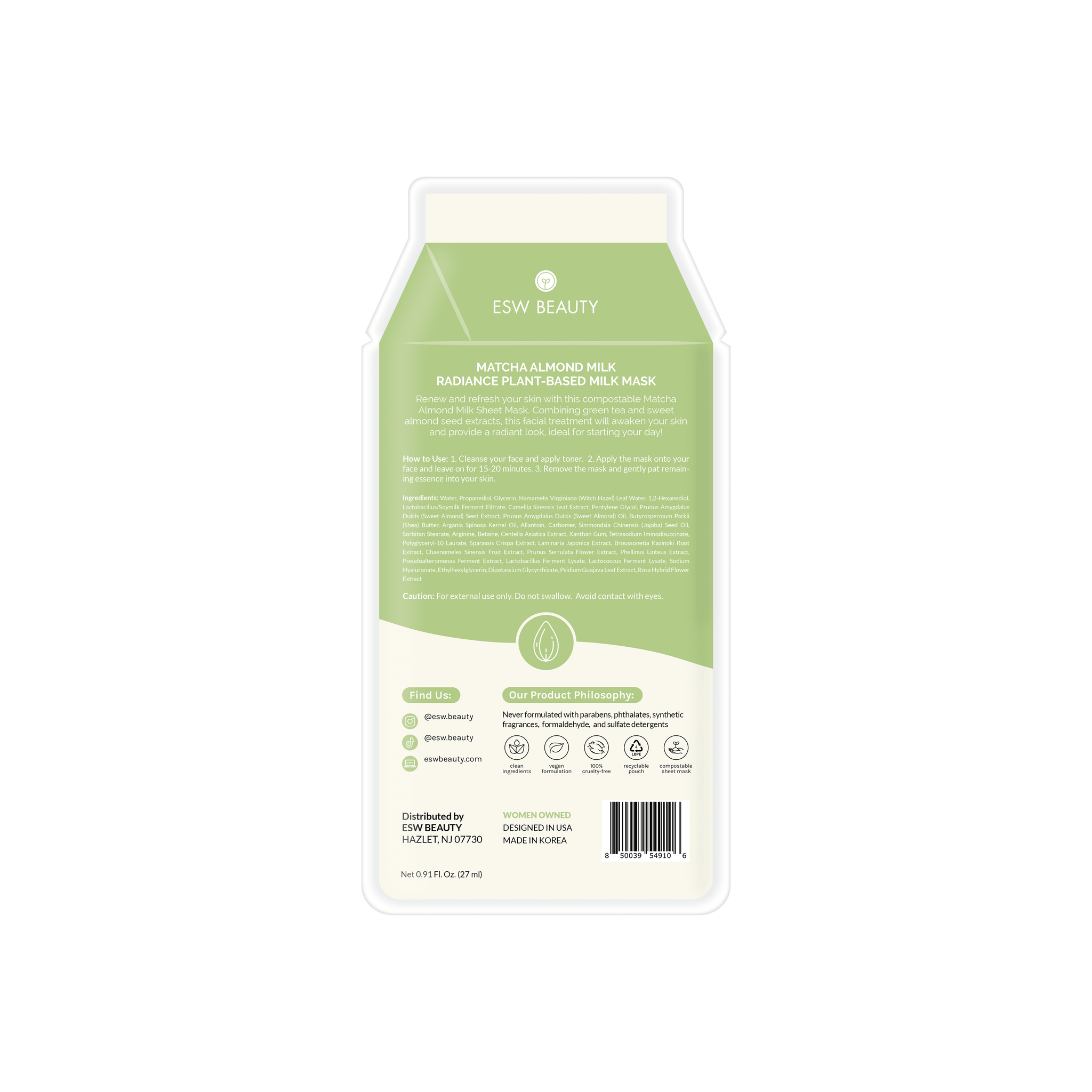 Matcha Almond Milk Radiance Plant-Based Milk Sheet Mask - Awear